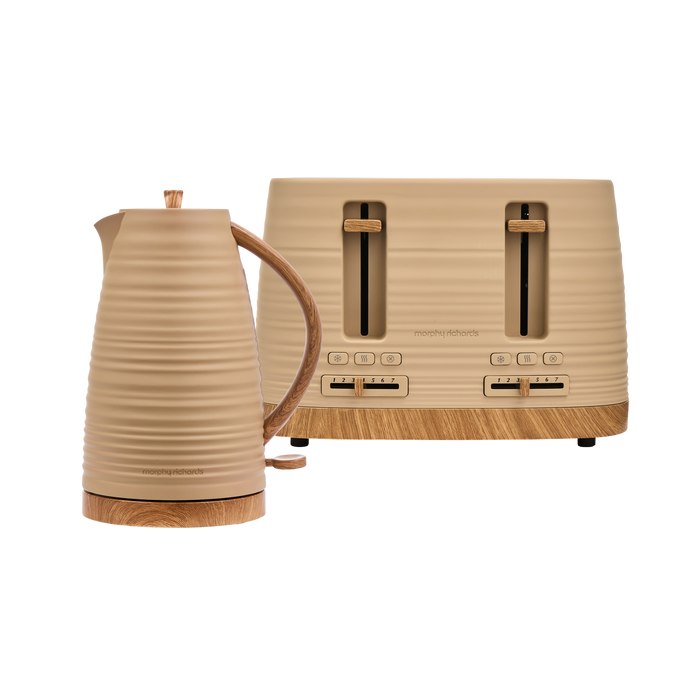 Beige kettle and toaster set on a white background