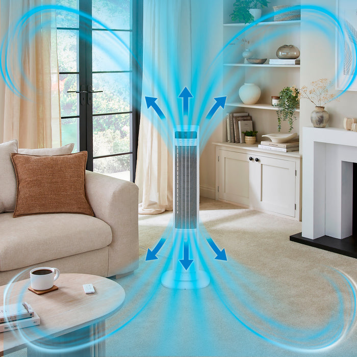 Air purifier in a living room with illustrated airflow