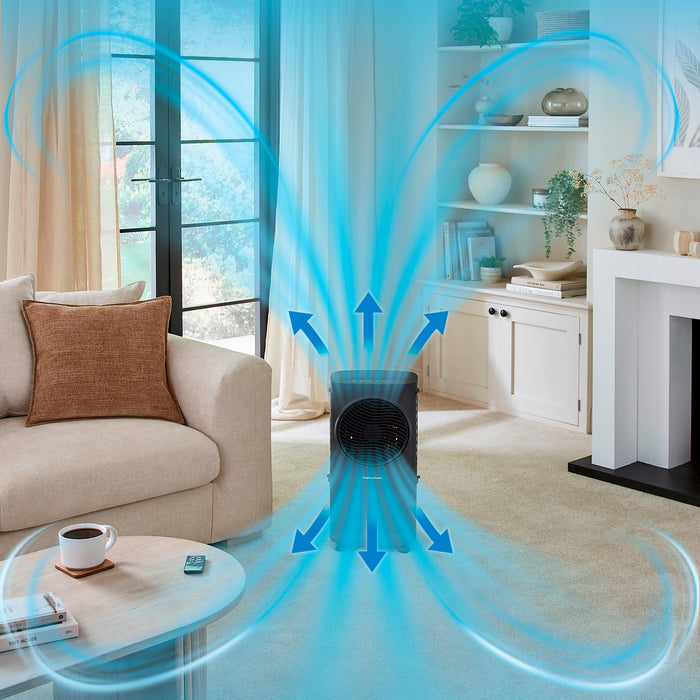 Air purifier in a living room with blue airflow graphics