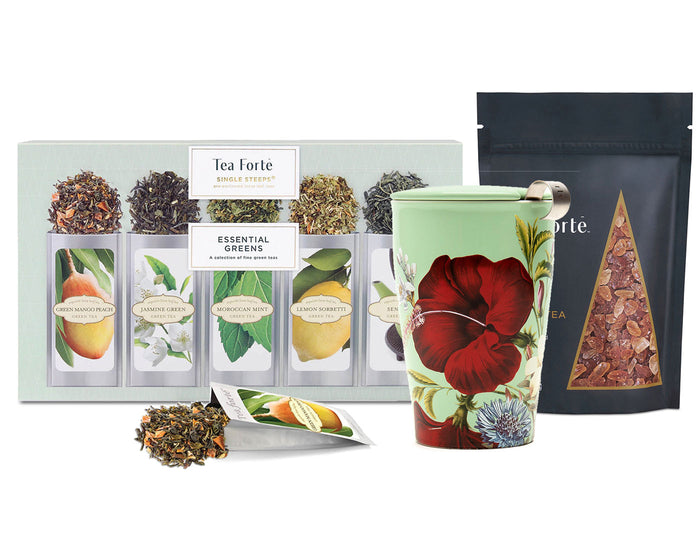 Essential Greens Tea Tasting Assortment Single Steeps Sampler box of 15 Single Steeps pouches a Fleur Kati Steeping Cup  and one pound bag of Amber Tea Sugar