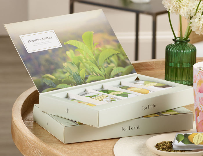 Fleur Single Steeps Sampler box open on table with flowers