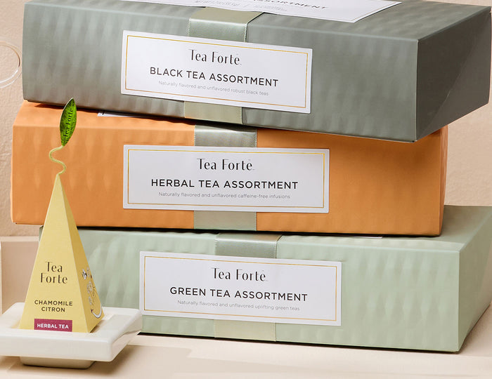 Green Tea Tasting Assortment Petite Presentation Box of 10 green teas with Black and Herbal Petites stacked on top of each other.
