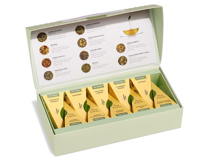 Green Tea Tasting Assortment Petite Presentation Box of 10 green teas, with lid open.