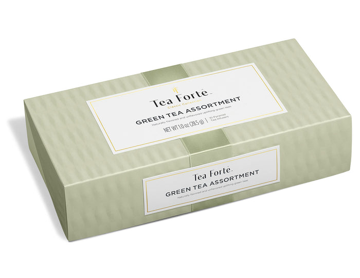 Green Tea Tasting Assortment Petite Presentation Box of 10 green teas, with lid closed.