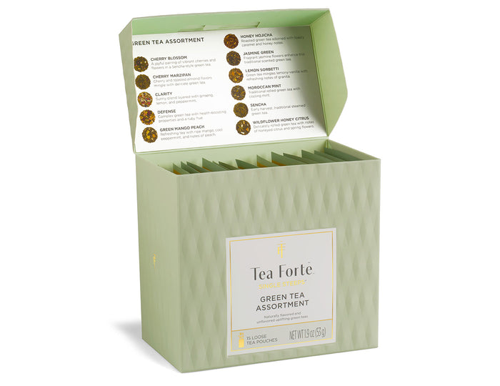 Green Tea Tasting Assortment Single Steeps Sampler box of 15 Single Steeps pouches - front of box open showing menu and pouches inside