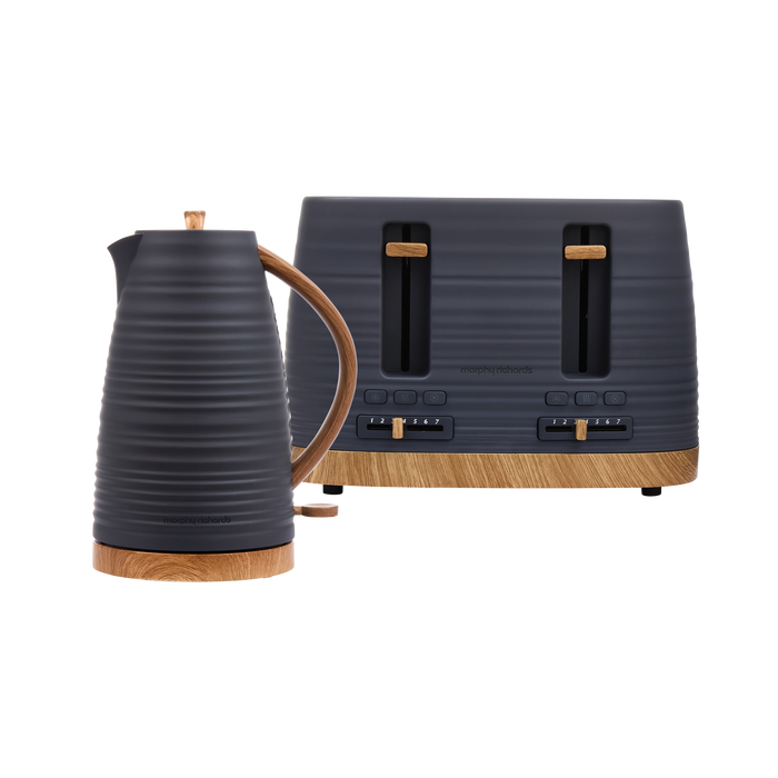Black electric kettle and toaster with wooden accents on a white background
