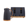 Black electric kettle and toaster with wooden accents on a white background