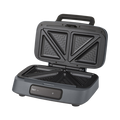 Black sandwich toaster with two heating plates on a white background
