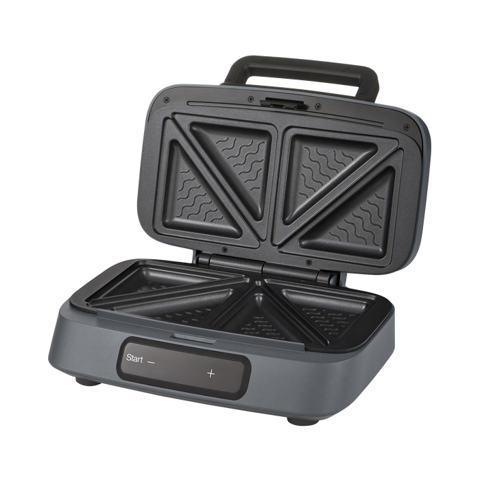 Black sandwich toaster with two heating plates on a white background