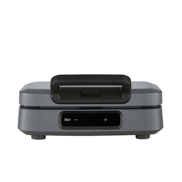 Gray sandwich maker with control panel on a white background