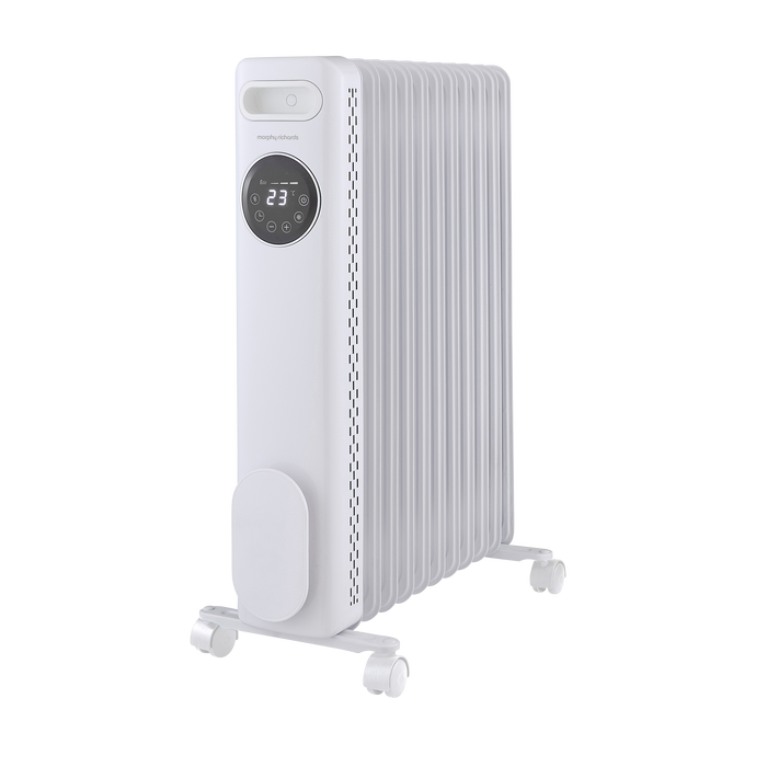 White electric radiator with digital display on a white background