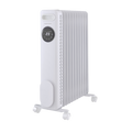 White electric radiator with digital display on a white background