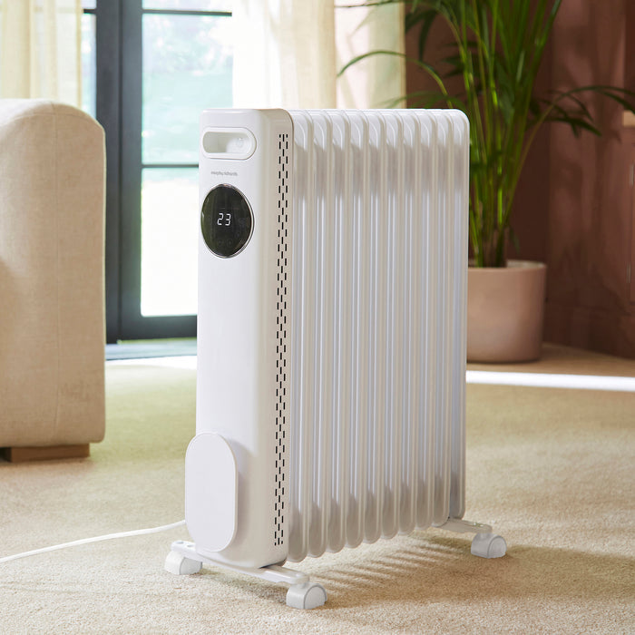 Portable electric heater in a room with a plant and furniture