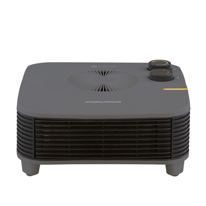 Black electric heater with branding on a white background
