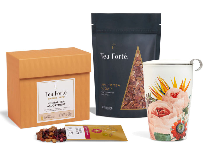 Herbal Tea Tasting Assortment Single Steeps Sampler box of 15 Single Steeps pouches and Jubilee Kati Steeping Cup and a one pound bag of Amber Tea Sugar