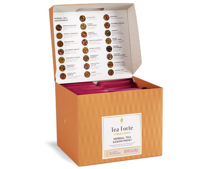 Single Steeps Herbal tea assortment in a 30 count chest of Single Steeps pouches with lid open