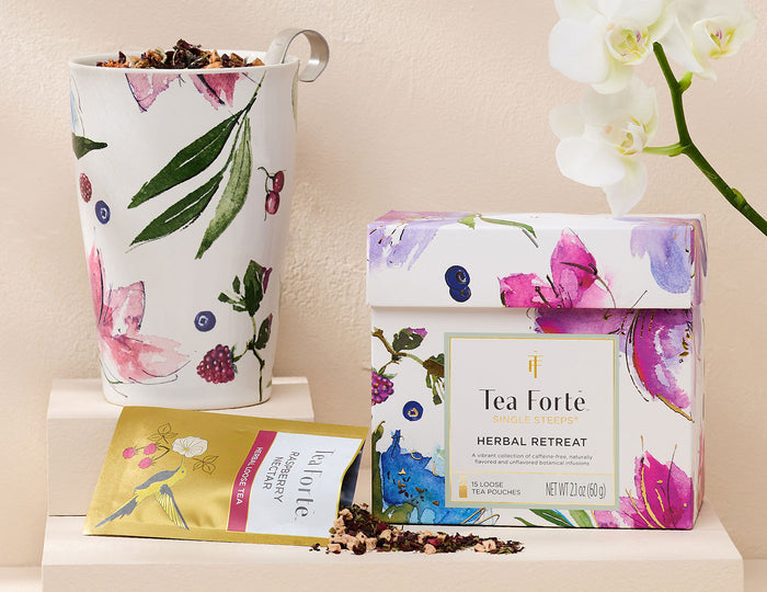 MAIN PDP | Herbal Retreat Loose Tea Tasting Set of one Single Steeps Sampelr and one Herbal Retreat KATI Cup with pouch, open