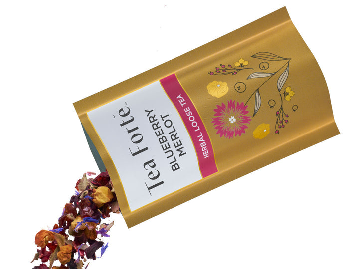 Tea Forte Herbal Retreat Single Steeps Sampler pouch, open, pouring out tea