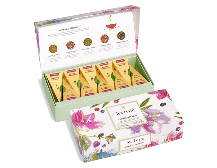 Herbal Retreat Petite Presentation Box, open and closed, of 10 teas