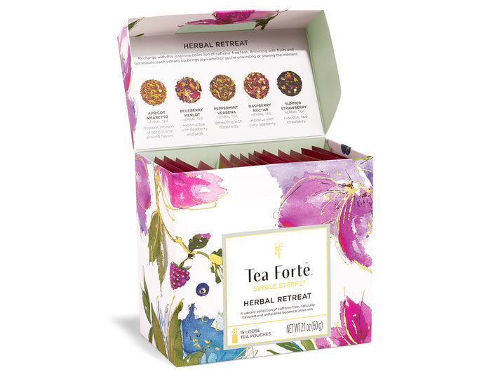 Tea Forte Herbal Retreat Single Steeps Sampler box, open, showing menu on inside lid