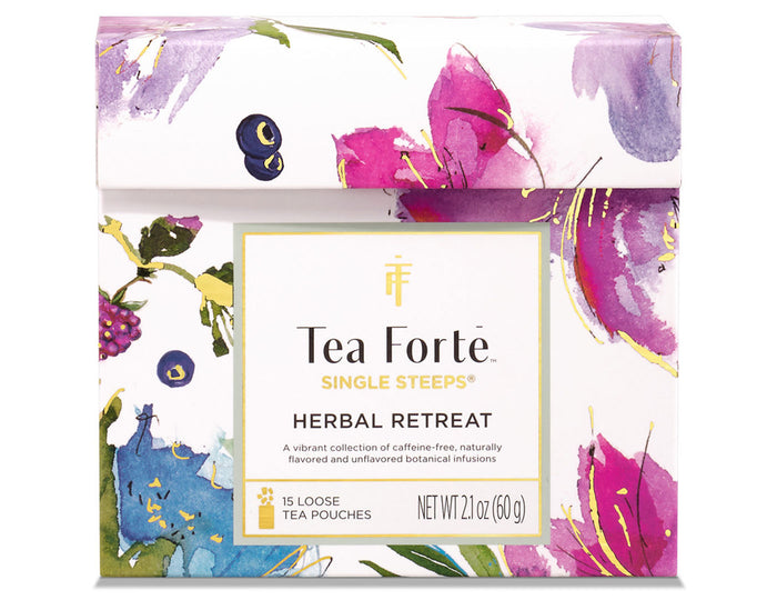 Tea Forte Herbal Retreat Single Steeps Sampler box, closed, front side