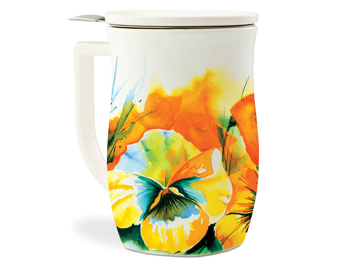 White ceramic tea pitcher with colorful watercolor floral and butterfly design, featuring metal infuser basket and lid.