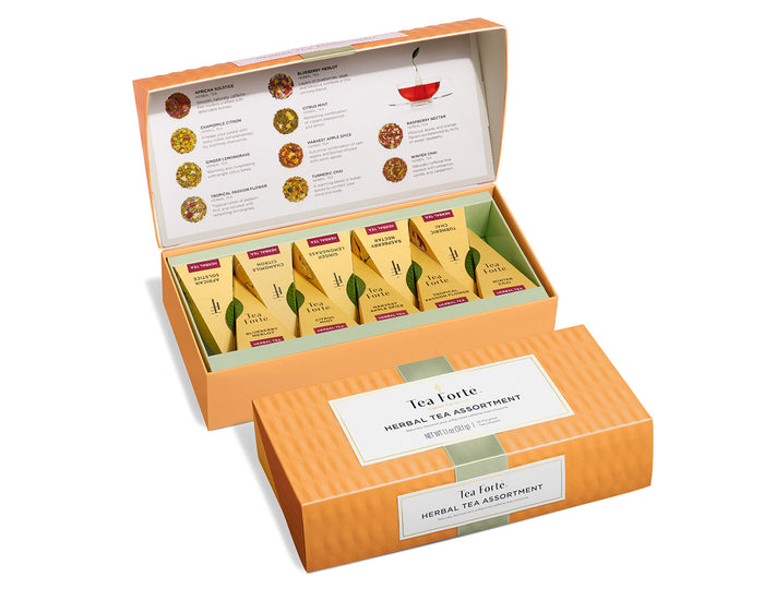 Herbal tea assortment in a 10 count petite presentation box with lid open and closed