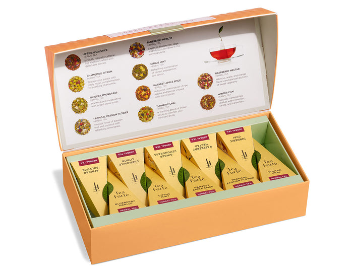Herbal tea assortment in a 10 count petite presentation box with lid open