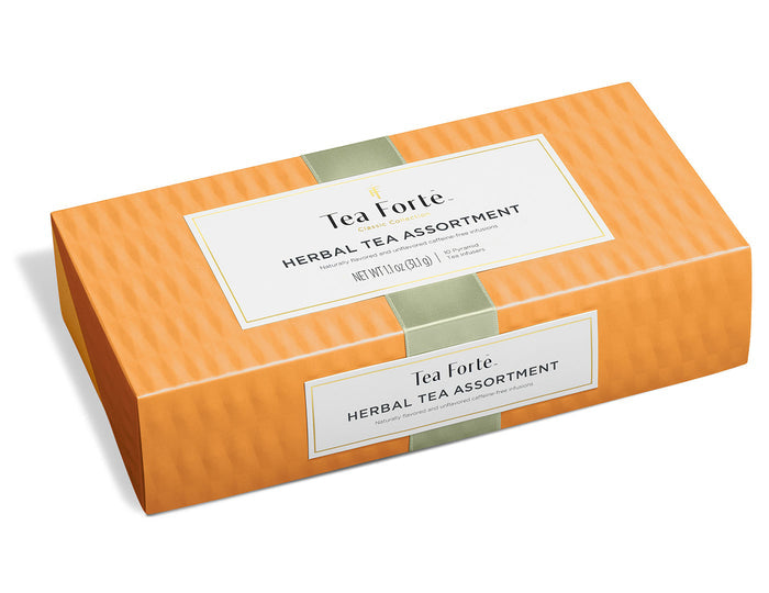 Herbal tea assortment in a 10 count petite presentation box with lid closed