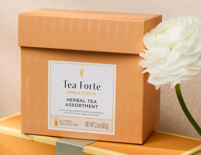 MAIN PDP | Herbal Tea Tasting Assortment Single Steeps Sampler box of 15 Single Steeps pouches - front of box with flower
