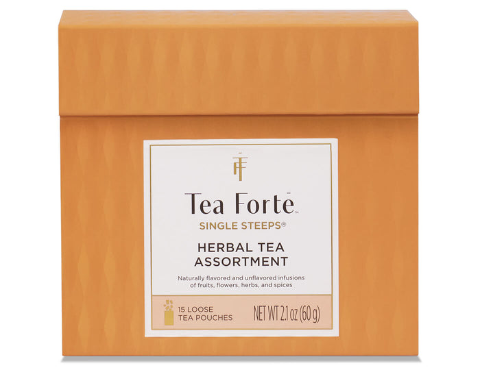 Herbal Tea Tasting Assortment Single Steeps Sampler box of 15 Single Steeps pouches - front of box closed