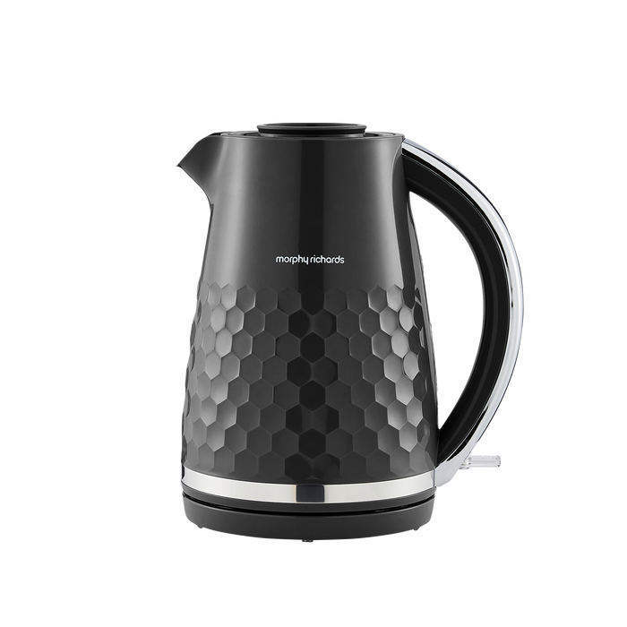 Black electric kettle with honeycomb pattern on a white background
