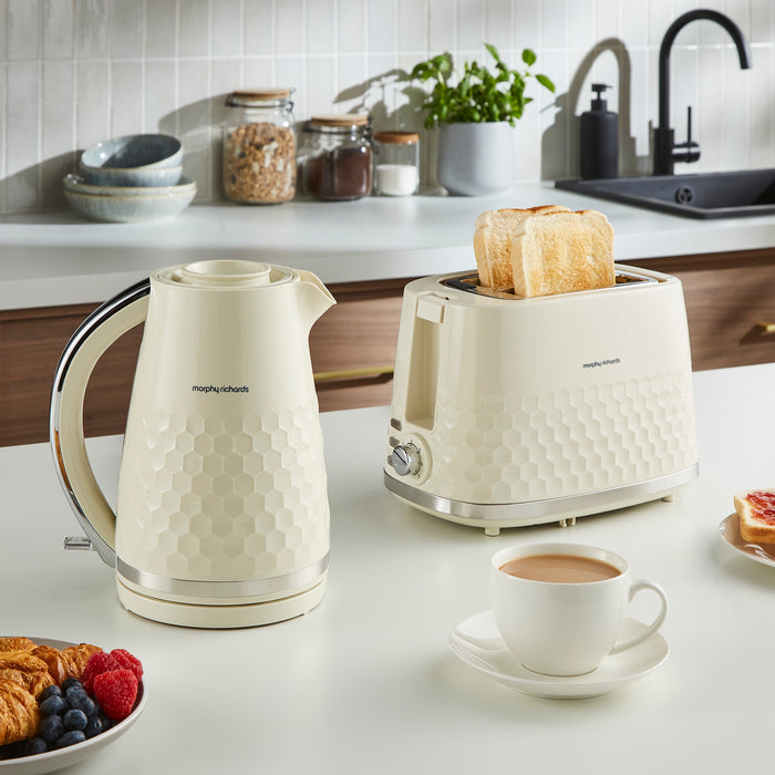 Morphy Richards kitchen set with kettle, toaster, and coffee on a counter.