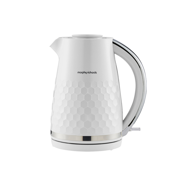 White electric kettle with honeycomb pattern on a white background