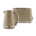 beige kettle and toaster set on white background