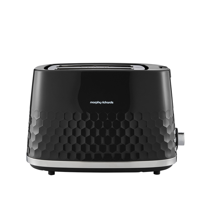 Black toaster with honeycomb pattern on a white background