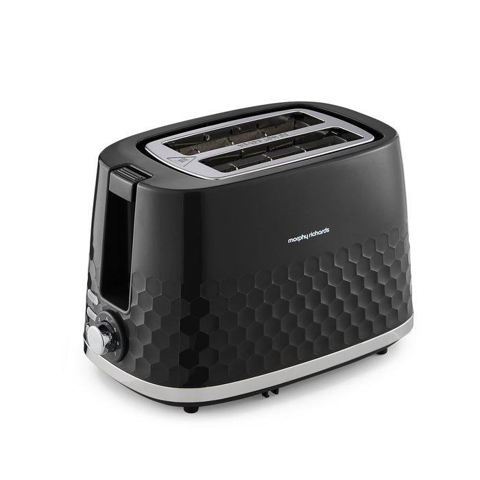 Black toaster with honeycomb design on a white background