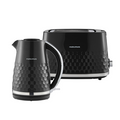 Black honeycomb-patterned kettle and toaster with Morphy Richards branding on a white background