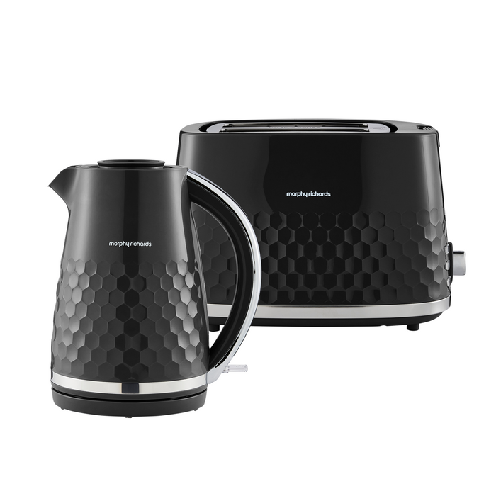 Black honeycomb-patterned kettle and toaster with Morphy Richards branding on a white background