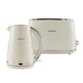 Cream-colored kettle and toaster set with 'Morphy Richards' branding on a white background