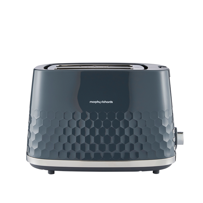 Grey toaster with honeycomb pattern on a white background