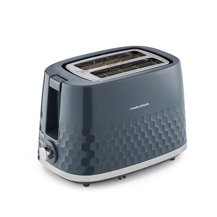 Grey toaster with honeycomb pattern on a white background