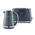 Gray honeycomb-patterned kettle and toaster with 'morphy richards' branding on a white background