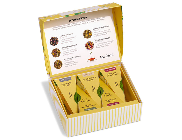 Yellow and white striped presentation box containing five Tea Forte tea sachets with flavor descriptions and loose tea sample