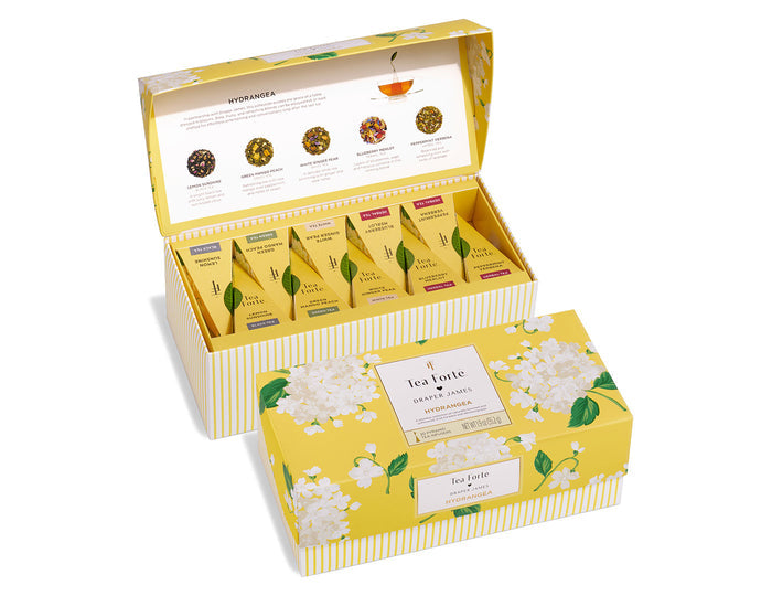 Hydrangea Presentation Box, open and closed box, of 20 pyramid teas