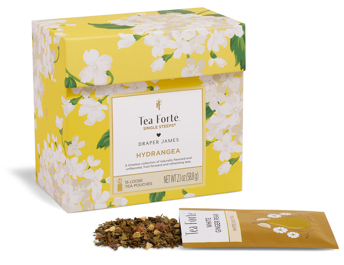 Hydrangea Single Steeps Sampler box of 15 Single Steeps pouches - front of box with open pouch