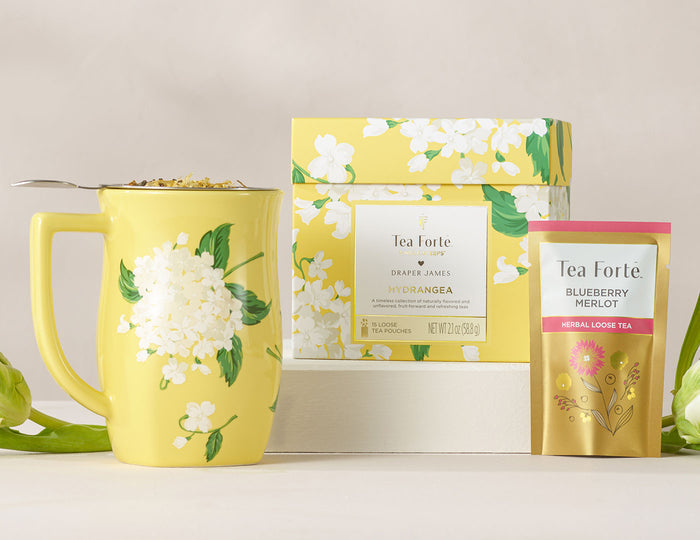 MAIN PDP  | Hydrangea Loose tea Set of  one Single Steeps Sampler and one Fiore Cup