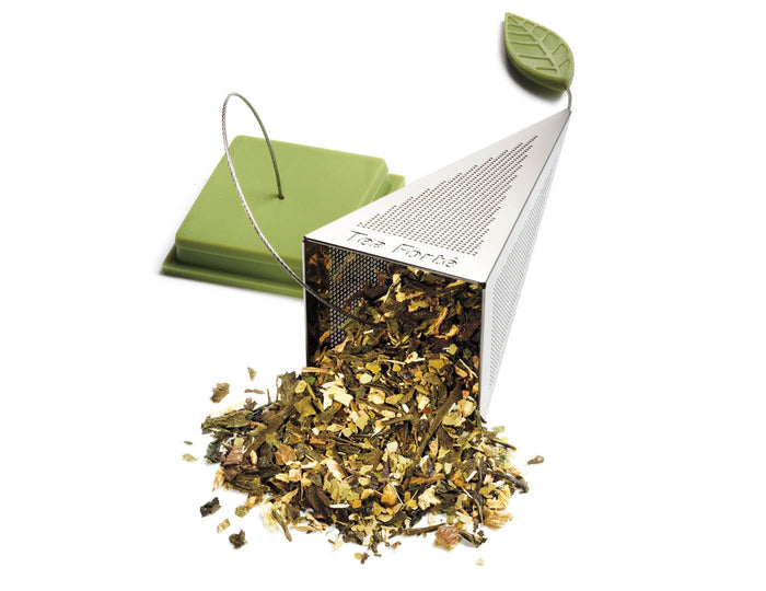 MAIN PDP | Icon stainless loose tea infuser showing loose tea leaves