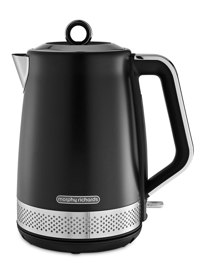 Black electric kettle with Morphy Richards logo on a white background