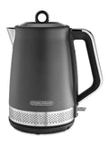 Gray electric kettle with black handle on a white background, featuring the Morphy Richards brand.